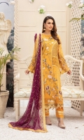 Embroidered Chiffon Front  Embroidered Chiffon Back  Organza Embroidered Border for Front and Back  Embroidered Chiffon Sleeves  Embroidered Chiffon Duppatta  Dyed Rawsilk Trouser