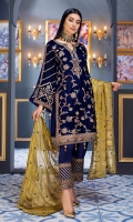 Front:  Velvet Cording embroidered front Back: Velvet Sleeves: Velvet cording embroidered sleeves Laces: Velvet corded embroidered front, back and sleeves broder Dupatta: Mesouri Embroidered Dupatta Trouser: Raw silk trouser along with embroidered border