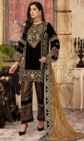 Front; Velvet beautiful Embroidered Neckline with the addition of Handwork with Pearls, Gota Work and sequence.  Back; Plain Velvet Center Panel  Left, Right Panel: Velvet Embroidered left and Roght embroidered panels for front and back  Border; Velvet Embroidered front, Back borders  Sleeves; Velvet Embroidered Duppata; Embroidered Chiffon along with Velvet Embroidered Four side lace  Trouser: Dyed Jamawar