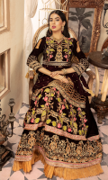 Shirt Front; Velvet Embroidered with Embossed Gold Dori Art, thread and Sequence  Shirt Back ; Velvet Embroidered  Sleeves: Velvet Embroidered  Lehnga Front; Velvet Embroidered  Lehnga Back: Velvet Embroidered  Lenhga lace: Embroidered satin  Lehnga Border; Velvet Embroidered  Duppata; Banarsi Shawl  Trouser; Raw Silk Dyed
