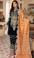 Front; Velvet heavy Embroidered Neck Line with Beautiful handwork and Dori work.  Back: Plain Velvet  Sleeves: Velvet Embroidered  Trouser Velvet Embroidered  Trouser Patch: Velvet Embroidered  Duppata: Mesouri Embroidered