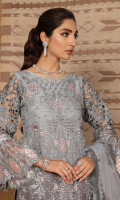 Chiffon embroidered front with Adda work. Chiffon Embroidered Back. Embroidered side panels. Organza embroidered sleeves. Panni embroidered sleeves patch. Embroidered fornt and back patches. Embroidered Dupatta on net along with Foil Printed fabric for pallu and embroidered Lace. Net Embroidered Sharara along with Raw silk trouser.