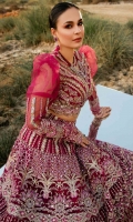 Front Body : 1 piece embroided with embellishment on net. Back Body : 1 piece embroided with embellishment on net. Sleeves: 2 piece embroided with embellishment on net. Kaali :  16 pieces embroided with embellishment on net. Duppata: 2.5 yard embroided on net Linning: 8 yard raw silk fabric