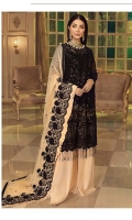 Embroidered Chiffon Front with Hand Work: 1 Yard Embroidered Organza Front Border: 1 Yard Embroidered Chiffon Back: 1 Yard Embroidered Organza Back Border: 1 Yard Embroidered Chiffon Dupatta: 2.5 Yards Embroidered Chiffon Sleeves: 0.75 Yard Embroidered Chiffon Sleeves Border: 1 Yard Raw Silk Trouser: 2.5 Yards