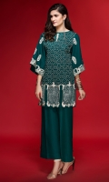 2 PC LINEN DRESS. BOAT NECK, FULLY EMBROIDERED FRONT EMBROIDERED SLEEVES CROTIA LACE WORK AROUND ARM HOLE PLAIN TROUSER