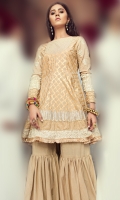 BOAT NECK  GOLDEN SCREEN PRINTED FRONT WITH EMBROIDERED DAMAN AND SLEEVES GOLDEN LACES WORK AT FRONT AND SLEEVES  GHARARA PANT ALSO ADDED TO THIS DESIGN