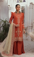 SHIRT:  Embroidered Cotail Front 1M  Dyed Cotail Back 1M  Embroidered Cotail Sleeves 1.25M  Embroidered Organza Borders 1M  DUPATTA:  Emb Rajju Net Dupatta 2.5M  With 4 Side Embroidered Shamose Border  TROUSER:  Dyed Cotail Trouser 2.5M