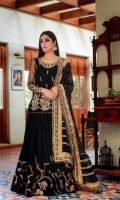 '-Zartaj features gorgeous handworked golden posies and tapestries as shown in the picture. Fabric: Soft chiffon net and Raw silk Items: 3 Colour: Black