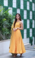 Product details: Fabric: Rich cotton silk and net Items: 3 Colour: Mustard -Kesar is a flowy pishwas featuring a hand embellished bodice and a net dupatta with glistening golden details.