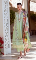 * Shirt Front Exclusively Embroidered on Pima Lawn * Shirt Back on Pima Lawn * Sleeves Exclusively Embroidered on Pima Lawn * Trouser (Jacquard) * Digitally Printed Dupatta (Medium Silk) * Exclusively Embroidered Schiffli Border (1.8 meter)
