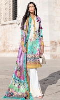 Printed shirt front (Lawn) Printed shirt back (Lawn) Print sleeves (Lawn) Exclusively weaved self design trouser Digitally printed dupatta (medium silk) Embroidered borders