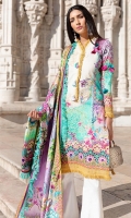 Printed shirt front (Lawn) Printed shirt back (Lawn) Print sleeves (Lawn) Exclusively weaved self design trouser Digitally printed dupatta (medium silk) Embroidered borders