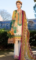 Printed shirt front (Lawn) Printed shirt back (Lawn) Print sleeves (Lawn) Exclusively weaved self design trouser Digitally printed dupatta (Chiffon) Embroidered neckline and borders