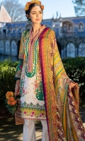 Printed shirt front (Lawn) Printed shirt back (Lawn) Print sleeves (Lawn) Exclusively weaved self design trouser Digitally printed dupatta (Chiffon) Embroidered neckline and borders