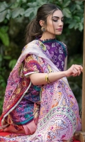 Embroidered shirt front (jacquard) Printed shirt back (pima lawn) Printed sleeves (pima lawn) Digital printed dupatta (tissue silk) Plain trouser (cambric) Embroidered pant border
