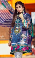 Printed shirt front (pima lawn) Printed shirt back (pima lawn) Printed sleeves (pima lawn) Digital printed dupatta (tissue silk) Printed trouser (cambric) Digital printed border Embroidered neck patch Embroidered border Embroidered pant border