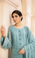 Embroidered Chiffon front panel  Embroidered Chiffon side panels (02)  Embroidered Chiffon back  Embroidered Chiffon sleeves  Embroidered Chiffon Front & Back border  Embroidered Chiffon sleeves border  Embroidered Chiffon dupatta  Dyed silk trouser
