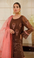 Chiffon Embroidered Shirt comes along with organza block print Dupatta & Pakistani Raw Silk Shalwar Color: BROWN Embroidered Chiffon Front: 1 Yard (Shirt Length with Border 42”+) Embroidered Chiffon Sleeves: 0.60 Yards Dyed Chiffon Back: 1 Yard Organza block print Dupatta: 2.75 Yards Dyed Pakistani Raw silk Bottom Fabric: 2.5 Yards Inner Fabric Included