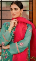 Chiffon Embroidered Shirt comes along with organza block print Dupatta & Pakistani Raw Silk Shalwar Color: GREEN Embroidered Chiffon Front: 1 Yard (Shirt Length with Border 42”+) Embroidered Chiffon Sleeves: 0.60 Yards Dyed Chiffon Back: 1 Yard Organza block print Dupatta: 2.75 Yards Dyed Pakistani Raw silk Bottom Fabric: 2.5 Yards Inner Fabric Included
