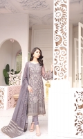 Embroidered Chiffon Front Embroidered Chiffon Side Panel Embroidered Chiffon Back Embroidered Chiffon Sleeves Embroidered Chiffon Dupatta Embroidered Organza Border for Front Embroidered Organza Border for Back Embroidered Organza Border for Sleeves Embroidered Chiffon Dupatta Pallu Dyed Trouser