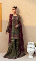 • Embroidered Chiffon Front • Embroidered Chiffon Back • Embroidered Chiffon Sleeves • Embroidered Chiffon Dupatta ( Contrast ) • Embroidered Organza Neckline ( Hand Made ) • Embroidered Organza Border For Front • Embroidered Organza Border For Back • Embroidered Organza Cuff For Sleeve L Side ( Hand Made ) • Embroidered Organza Cuff For Sleeve R Side( Hand Made ) • Embroidered Organza Border For Dupatta Pallu • Embroidered Silk Shararah L Side • Embroidered Silk Shararah R Side • Embroidered Silk Border For Shararah