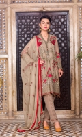 Embroidered Chiffon Front Embroidered Chiffon Side Pannel Plain Chiffon Back Embroidered Chiffon Sleeves Embroidered Chiffon Dupatta Embroidered Organza Border For Front Embroidered Organza Border For Back Embroidered Organza Border For Sleeves Embroidered Organza Border For Neck Line Dyed Trouser