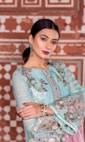 Embroidered Chiffon Front Embroidered Chiffon Side Pannel Plain Chiffon Back Embroidered Chiffon Sleeves Embroidered Net Dupatta (Contrast) Embroidered Chiffon Border For Back Embroidered Organza Border For Front Embroidered Organza Border For Back Embroidered Organza Border For Sleeves Dyed Trouser