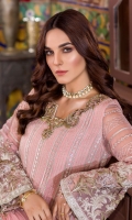 Embroidered Chiffon Front Plain Chiffon Back Embroidered Chiffon Sleeves Embroidered Chiffon Dupatta Embroidered Organza Daman For Front Embroidered Organza Border For Back Embroidered Organza Border For Sleeves Embroidered Organza Gala Patch ( Hand Made ) Dyed Trouser