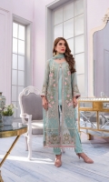 Embroidered Chiffon Front Left Panel Embroidered Chiffon Front Right Panel Embroidered Chiffon Front Side Panel’s Plain Chiffon Back Embroidered Chiffon Sleeves Embroidered Chiffon Dupatta Embroidered Organza Border for Front Embroidered Organza Border for Back Embroidered Organza Border for Sleeves Embroidered Organza Border for Jacket Dyed Trouser