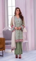 Embroidered Chiffon Front Plain Chiffon Back Embroidered Chiffon Sleeves Plain Chiffon Dupatta Contrast Embroidered Organza Border for Front & Back Embroidered Organza Border for Neckline Embroidered Silk Border for Dupatta Contrast Dyed Trouser