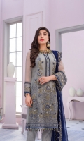 Embroidered Chiffon Front Center Panel Embroidered Chiffon Front Left Panel Embroidered Chiffon Front Right Panel Plain Chiffon Back Embroidered Chiffon Sleeves Embroidered Chiffon Dupatta Contrast Embroidered Organza Border for Front & Back Dyed Trouser