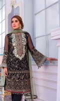 Embroidered Chiffon Front Dust Print Back Embroidered Chiffon Sleeves Embroidered Net Dupatta Contrast Embroidered Organza Neckline Embroidered Organza Border for Front & Back Embroidered Organza Border for Sleeves Embroidered Organza Border for Dupatta Dyed Trouser