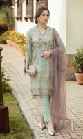 "Embroidered Chiffon Front 0.72 Yard Embroidered Chiffon Front Kali 0.33 Yard Embroidered Chiffon Back 0.88 Yard Embroidered Chiffon Sleeves 0.72 Yard Embroidered Chiffon Sleeves Patch 4.00 PCs Stone Spray Net Dupatta (Contrast) 2.70 Yards Embroidered Organza Front Back Patti 2.00 Yards Embroidered Organza Neck Line Patti (Hand Made) 1.50 Yards Embroidered Organza Neck Line Bunch Patch 1.00 PC Embroidered Organza Dupatta Patti 2.50 Yards Raw Silk Trouser 2.5 Yards 