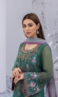 • Embroidered Chiffon Front • Embroidered Chiffon Side Panels • Embroidered Chiffon Back • Embroidered Chiffon Sleeves • Embroidered Chiffon Dupatta ( Contrast ) • Embroidered Organza Border For Front • Embroidered Organza Border For Back • Embroidered Organza Neckline ( Hand Made ) • Dust Printed Trouser