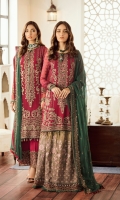 Embroidered Chiffon Front Embroidered Chiffon Side Pannel Embroidered Chiffon Back Embroidered Chiffon Sleeves Embroidered Chiffon Dupatta (Contrast) Embroidered Organza Border For Front Embroidered Organza Border For Back Embroidered Organza Border For Sleeves Embroidered Organza Border For Trouser Dyed Trouser