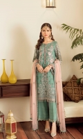 Embroidered Chiffon Front Embroidered Chiffon Side Pannel Embroidered Chiffon Back Embroidered Chiffon Sleeves Embroidered Chiffon Dupatta (Contrast) Embroidered Organza Border For Front Embroidered Organza Border For Back Embroidered Organza Border For Sleeves Dyed Trouser
