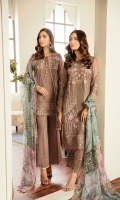 Embroidered Chiffon Front Embroidered Chiffon Side Pannel Plain Chiffon Back Embroidered Chiffon Sleeves Digital Printed Chiffon Dupatta Embroidered Organza Border For Front Embroidered Organza Border For Back Embroidered Organza Border For Sleeves Embroidered Organza Border For Trouser Dyed Trouser