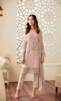 Embroidered Chiffon Front Embroidered Chiffon Side Pannel Plain Chiffon Back Embroidered Chiffon Sleeves Embroidered Chiffon Dupatta (Contrast) Embroidered Organza Border For Front Embroidered Organza Border For Back Embroidered Organza Border For Sleeves Dyed Trouser