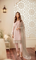 Embroidered Chiffon Front Embroidered Chiffon Side Pannel Plain Chiffon Back Embroidered Chiffon Sleeves Embroidered Chiffon Dupatta (Contrast) Embroidered Organza Border For Front Embroidered Organza Border For Back Embroidered Organza Border For Sleeves Dyed Trouser