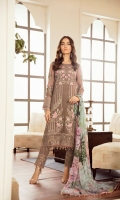 Embroidered Chiffon Front Embroidered Chiffon Side Pannel Plain Chiffon Back Embroidered Chiffon Sleeves Digital Printed Chiffon Dupatta Embroidered Organza Border For Front Embroidered Organza Border For Back Embroidered Organza Border For Sleeves Embroidered Organza Border For Trouser Dyed Trouser