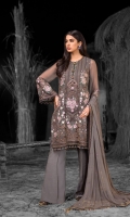 Embroidered Chiffon Front Embroidered Chiffon Side Panels Plain Chiffon Back Embroidered Chiffon Sleeves Stone Embellished Chiffon Dupatta Embroidered Organza Border For Front Embroidered Organza Border For Back Embroidered Organza Neck line Patch ( Hand Made ) Embroidered Silk Border For Dupatta ( Contrast ) Dyed Trouser