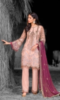 Embroidered Chiffon Front Embroidered Chiffon Side Panels Embroidered Chiffon Back Embroidered Chiffon Sleeves Embroidered Chiffon Dupatta ( Contrast ) Embroidered Organza Motive For Front ( Hand Made ) Embroidered Organza Border For Back Embroidered Organza Border For Trouser Dyed Trouser