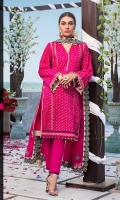 Embroidered Denting Lawn Dupatta with Embroidered Borders on Mahsuri – 2.5 meters Screen Printed Lawn Front, Back & Sleeves with Fancy Lace for Shirt – 1.75 meters Dyed Trouser – 2.5 meters