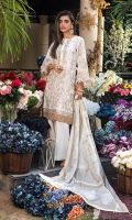 Gold & Lacquer Printed Jacquard Dupatta – 2.5 meters Sequins Embroidered Lawn Shirt Front, Shirt Back & Sleeves with Sequins Embroidered Border for Front & Back on Organza – 2.43 meters Dyed Trouser – 1.75 meters