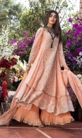 Sequins Embroidered Chiffon Dupatta with Scallop – 2.15 meters Sequins Embroidered Chiffon Shirt Front, Shirt Back & Sleeves with Sequins & Scallop Embroidered Border for Front & Back on Organza – 3.95 meters Dyed Inner & Trouser – 1.75 meters