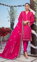 Embroidered Denting Lawn Dupatta with Embroidered Borders on Mahsuri – 2.5 meters Screen Printed Lawn Front, Back & Sleeves with Fancy Lace for Shirt – 1.75 meters Dyed Trouser – 2.5 meters
