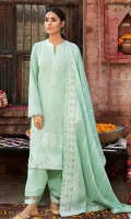 Embroidered Lawn Dupatta – 2.5 meters Embroidered Dyed Lawn Front with Handwork and Embroidered Back & Sleeves – 3.4 meters Dyed Trouser – 2.5 meters