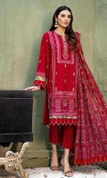 Embroidered Chiffon Dupatta with Sequins – 2.5 meters Embroidered Lawn Front & Back with Sequins, Embroidered Lawn Sleeves, and Embroidered Borders for Front & Back with Sequins – 2.78 meters Dyed Trouser – 1.75 meters