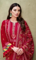 Embroidered Chiffon Dupatta with Sequins – 2.5 meters Embroidered Lawn Front & Back with Sequins, Embroidered Lawn Sleeves, and Embroidered Borders for Front & Back with Sequins – 2.78 meters Dyed Trouser – 1.75 meters