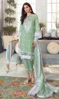 Embroidered Chiffon Dupatta – 2.5 meters Embroidered Lawn Front & Sleeves – 2.15 meters Dyed Lawn Back – 1.2 meters Dyed Trouser – 1.75 meters Embroidered Border for Front